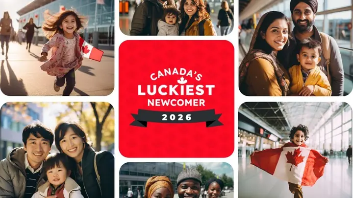 Newcomer families around a Canada’s Luckiest Newcomer 2026 badge